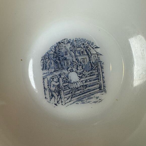 Currier & Ives Milk Glass Bowl Mar-Crest Kids on a Fence Gate Scene 1970s 1960s - Picture 2 of 8